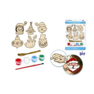6 Wood Ornaments w/Paint